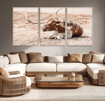 91248682-MGV-CV-36X24-Texas Longhorn Wall Art Canvas Print, Framed Resting Bull Art Picture Print, Spotted Cattle Perfect Rustic Western Decor Artwork