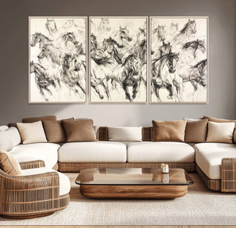19433417-MGV-CV-36X24-Running Horses Wall Art Canvas Print, Framed Horse Sketch Art Picture Print, Galloping Herd Perfect Monochrome Western Decor