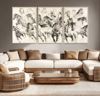 19433417-MGV-CV-36X24-Running Horses Wall Art Canvas Print, Framed Horse Sketch Art Picture Print, Galloping Herd Perfect Monochrome Western Decor