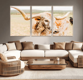 21060648-MGV-CV-36X24-Texas Longhorn Wall Art Canvas Print, Framed Speckled Cow Art Picture Print, Rustic Bull Perfect Rustic Western Decor Artwork
