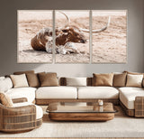 25407592-MGV-CV-36X24-Texas Longhorn Wall Art Canvas Print, Framed Resting Bull Art Picture Print, Spotted Cattle Perfect Rustic Western Decor Artwork
