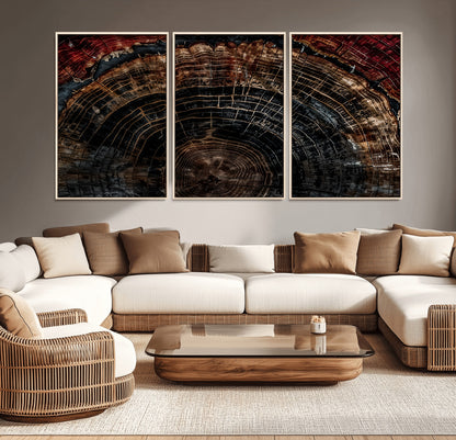 43686762-MGV-CV-36X24-Dark Wood Ring Wall Art Canvas Print, Framed Abstract Wood Tree Art Picture Print, Rustic Tree Slice Perfect Rustic Decor Artwork