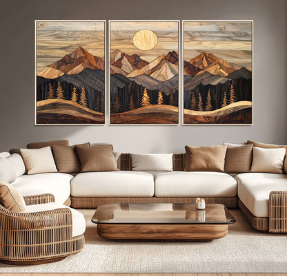50100230-MGV-CV-36X24-Wooden Mountain Wall Art – Rustic Nature Landscape Canvas Print, Handmade Style Sun, Forest, and Peaks Artwork for Living Room,