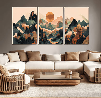 13012770-MGV-CV-36X24-Mountain Landscape Wall Art – Modern Nature Canvas Print with Sun, Misty Peaks, and Forest in Orange and Green Tones for Living