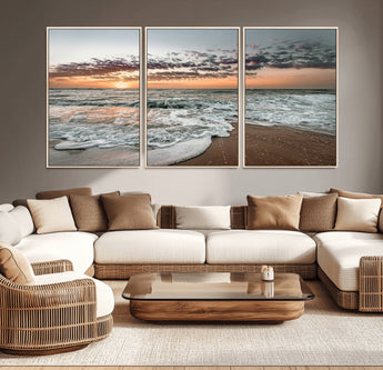 40632752-MGV-CV-36X24-Ocean Sunset Wall Art Canvas Print, Framed Beach Waves Art Picture Print, Coastal Scene Perfect Coastal Decor Artwork