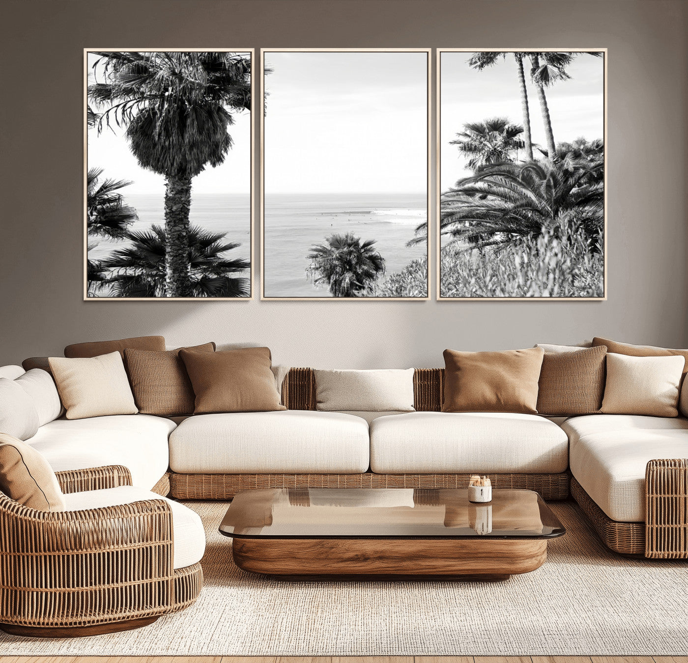 89458520-MGV-CV-36X24-Palm Trees Wall Art Canvas Print, Framed Coastal View Art Picture Print, Ocean Horizon Perfect Monochrome Coast Decor Artwork