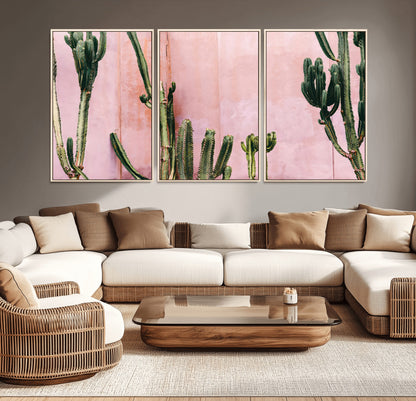 93119502-MGV-CV-36X24-Tall Cactus Wall Art Canvas Print, Framed Pink Wall Art Picture Print, Cactus Lines Perfect Modern Desert Decor Artwork