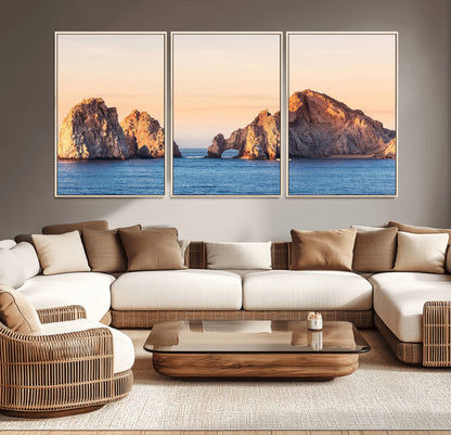 72996116-MGV-CV-36X24-El Arco Wall Art Canvas Print, Framed Cabo Rocks Art Picture Print, Ocean Arch Perfect Golden Coastal Landmark Decor Artwork