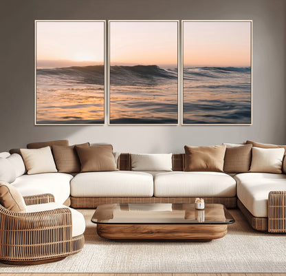 46299358-MGV-CV-36X24-Sunset Waves Wall Art Canvas Print, Framed Ocean Horizon Art Picture Print, Golden Water Perfect Golden Hour Coastal Decor Artwork