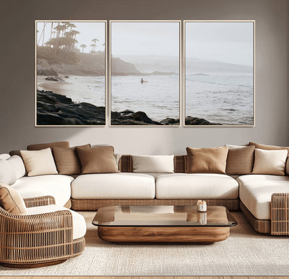 62501405-MGV-CV-36X24-Misty Beach Wall Art Canvas Print, Framed California Surfer Art Picture Print, Coastal Cliff Perfect Coastal Beach Decor Artwork