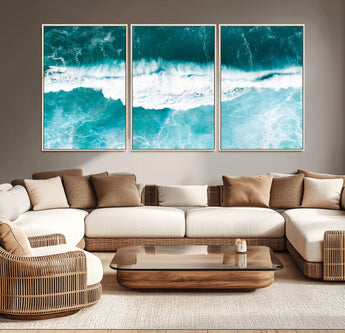 23828594-MGV-CV-36X24-Aerial Waves Wall Art Canvas Print, Framed Ocean Break Art Picture Print, Sea Foam Perfect Tropical Coastal Decor Artwork