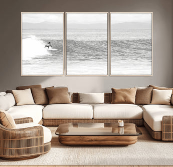 81535128-MGV-CV-36X24-Surfer Woman Wall Art Canvas Print, Framed Black Ocean Art Picture Print, Ocean Surfing Perfect Monochrome Coastal Decor Artwork