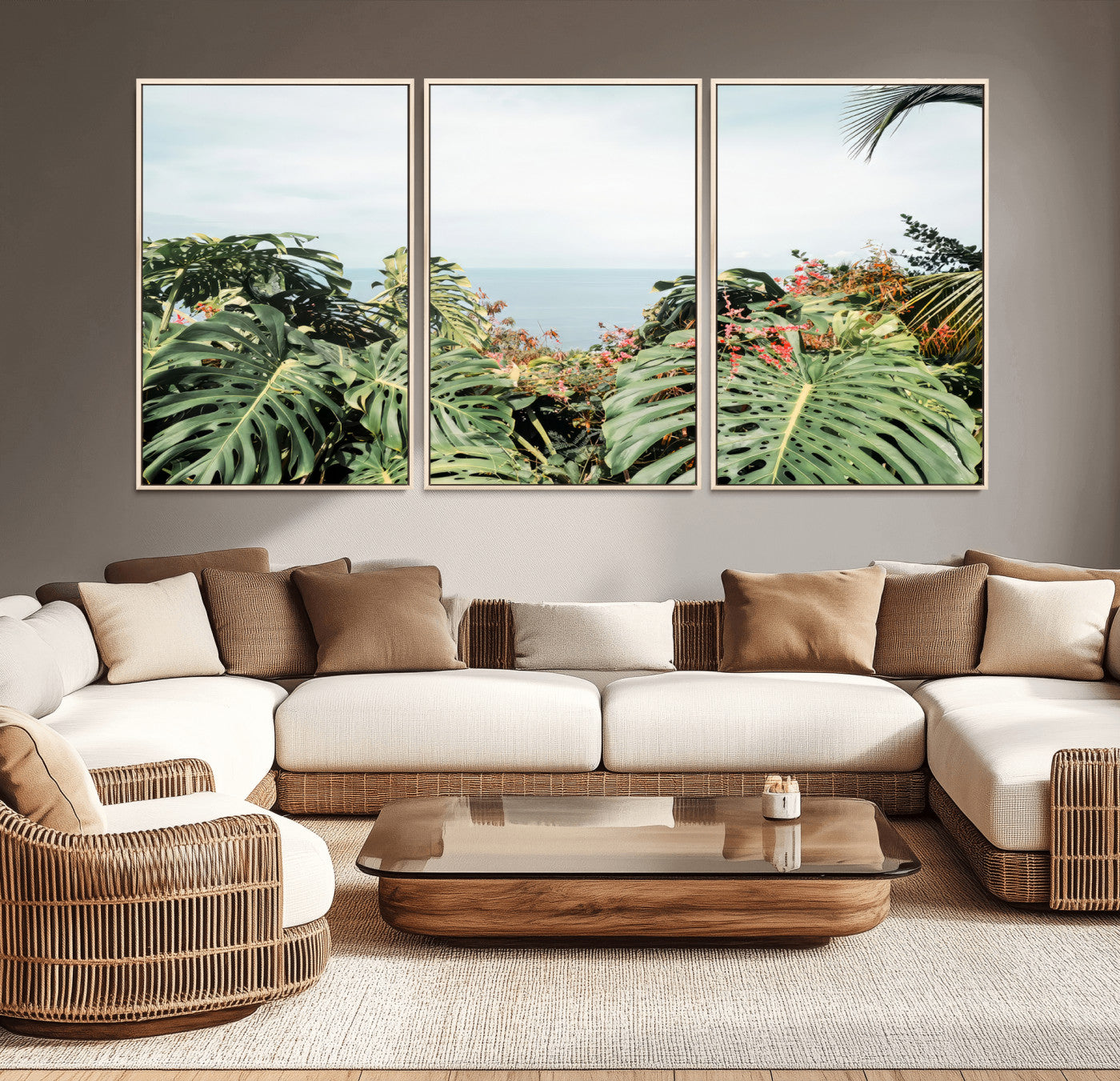 45700479-MGV-CV-36X24-Monstera Leaves Wall Art Canvas Print, Framed Tropical Ocean Art Picture Print, Tropical Foliage Perfect Tropical Coastal Jungle