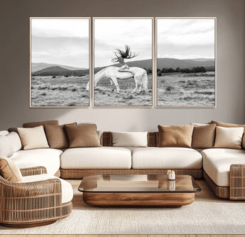 62789800-MGV-CV-36X24-White Horse Wall Art Canvas Print, Framed Woman Rider Art Picture Print, Equestrian Pose Perfect Western Boho Decor Artwork