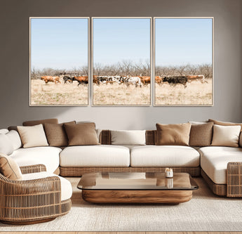 16563092-MGV-CV-36X24-Texas Longhorns Wall Art Canvas Print, Framed Western Cattles Art Picture Print, Rustic Herd Perfect Rustic Farmhouse Decor