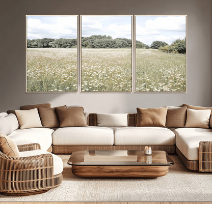 43258946-MGV-CV-36X24-Daisy Field Wall Art Canvas Print, Framed Pastel Flower Art Picture Print, Meadow Bloom Perfect Scandinavian Minimalist Decor