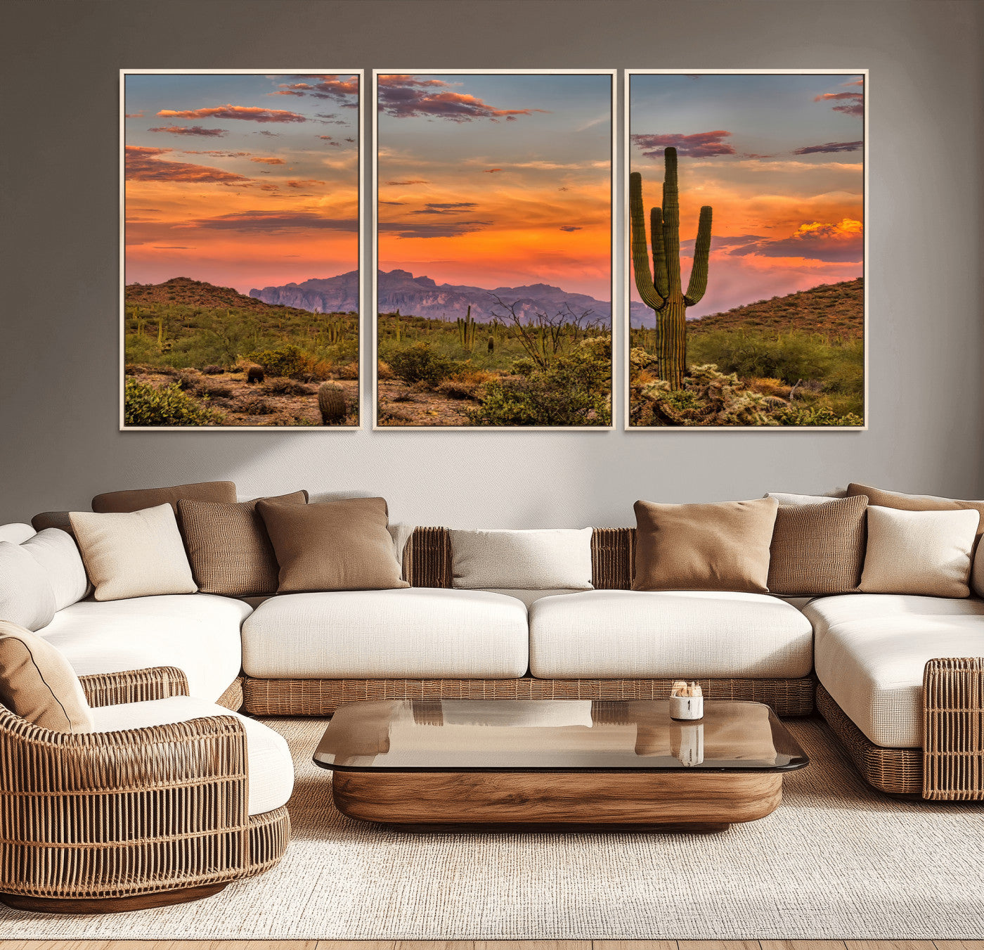 25332783-MGV-CV-36X24-Saguaro Cactus Wall Art Canvas Print, Framed Arizona Sunset Art Picture Print, Sonoran Desert Perfect Southwestern Boho Decor