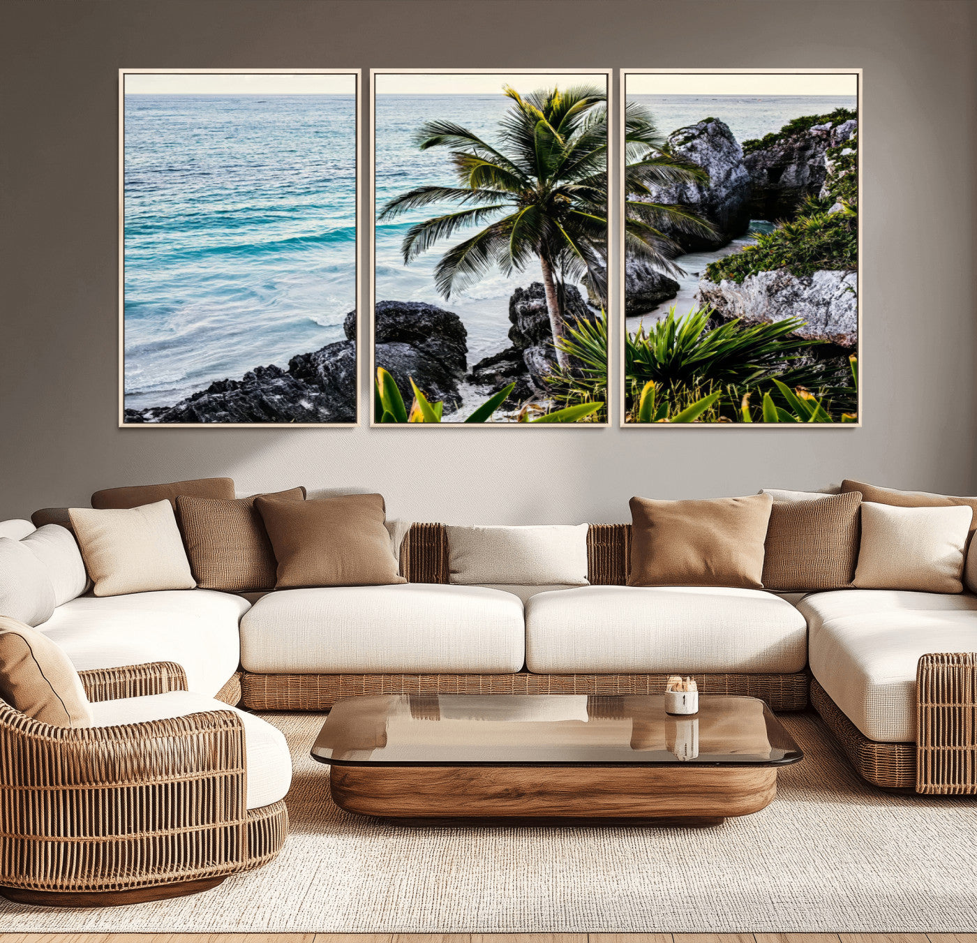 94669907-MGV-CV-36X24-Tropical Coastline Wall Art Canvas Print, Framed Palm Tree Art Picture Print, Rocky Beach Perfect Tropical Coastal Decor Artwork