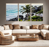 94669907-MGV-CV-36X24-Tropical Coastline Wall Art Canvas Print, Framed Palm Tree Art Picture Print, Rocky Beach Perfect Tropical Coastal Decor Artwork