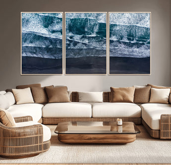 87941475-MGV-CV-36X24-Black Beach Wall Art Canvas Print, Framed Aerial Ocean Art Picture Print, Moody Coastal Perfect Modern Coastal Decor Artwork