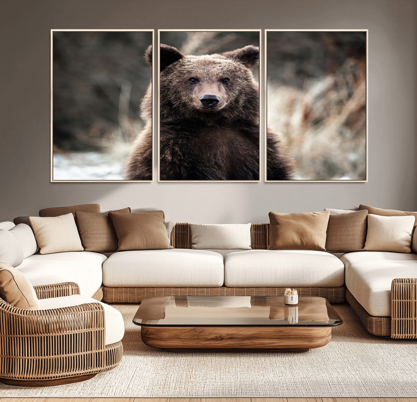 47112103-MGV-CV-36X24-Brown Bear Wall Art Canvas Print, Framed Forest Wildlife Art Picture Print, Woodland Bear Perfect Rustic Cabin Decor Artwork