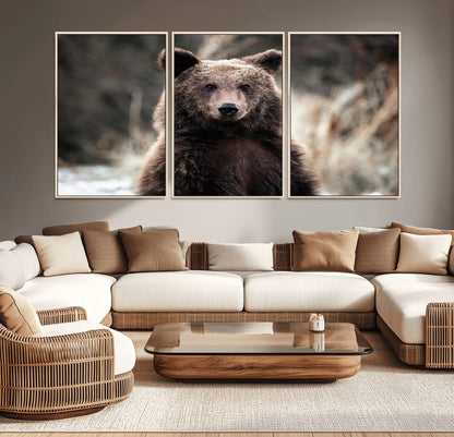 47112103-MGV-CV-36X24-Brown Bear Wall Art Canvas Print, Framed Forest Wildlife Art Picture Print, Woodland Bear Perfect Rustic Cabin Decor Artwork