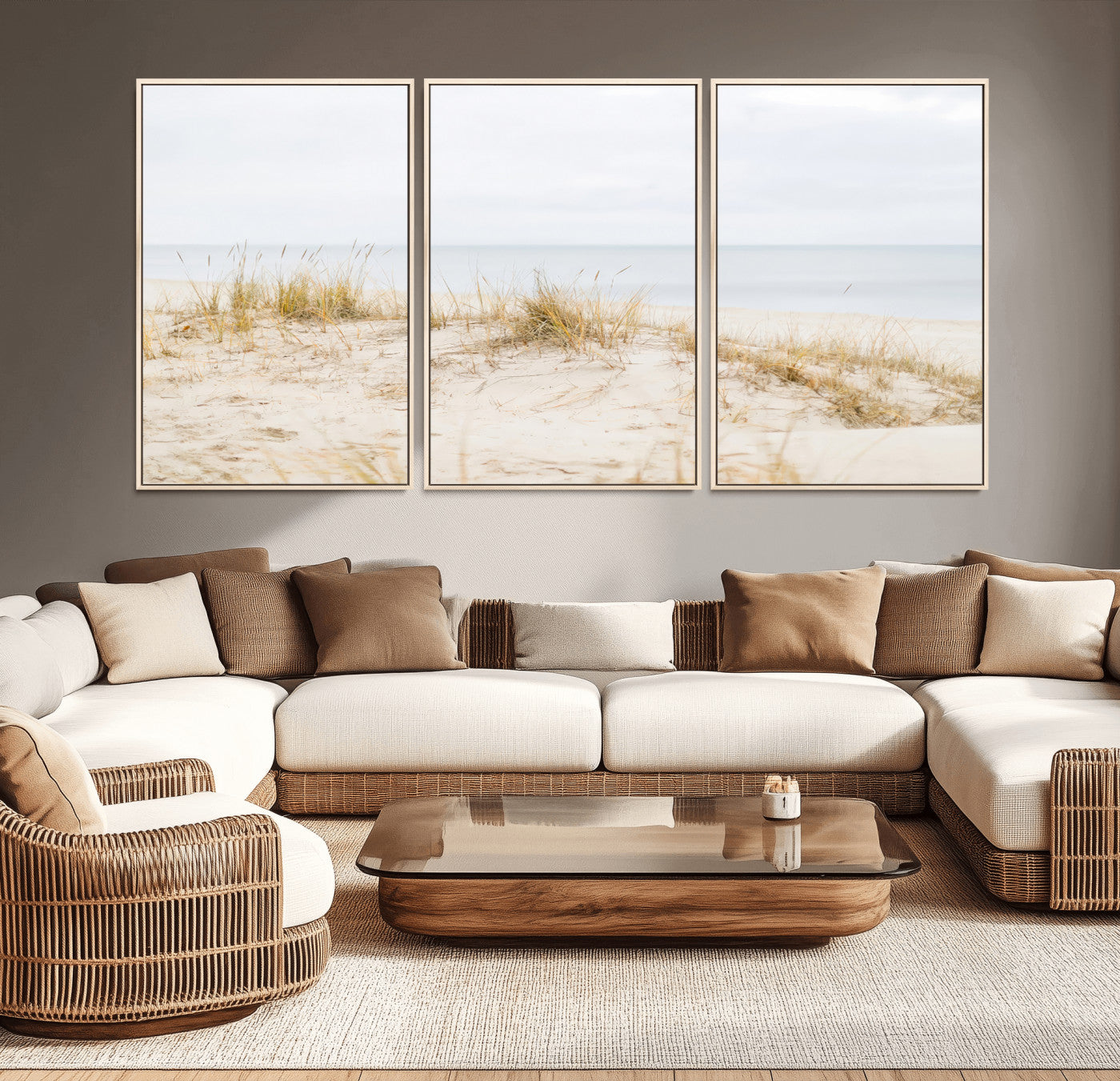 13146857-MGV-FC-60X30-3P_Natural-Beach Dunes Wall Art Canvas Print, Framed Soft Horizon Art Picture Print, Coastal Grass Perfect Minimalist Coastal Decor Artwork