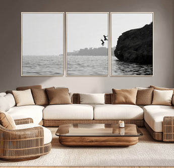 52284302-MGV-CV-36X24-Cliff Jumping Wall Art Canvas Print, Framed Ocean Adventure Art Picture Print, Black White Coast Perfect Modern Coastal Decor