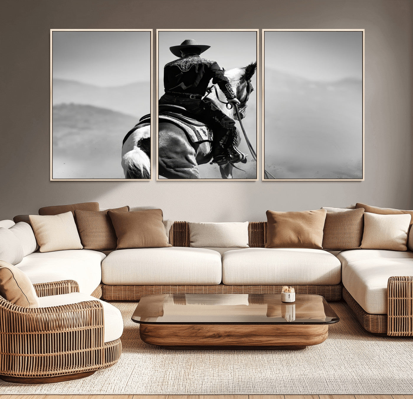83102464-MGV-CV-36X24-Western Cowboy Wall Art Canvas Print, Framed Monochrome Horse Art Picture Print, Western Equestrian Perfect Rustic Western Decor