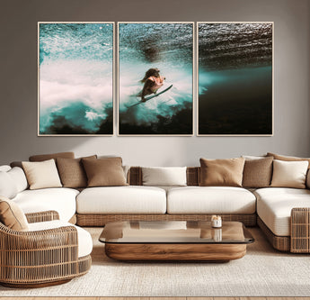 85923512-MGV-CV-36X24-Aquatic Motion Wall Art Canvas Print, Framed Underwater Swimming Art Picture Print, Female Surfer Diving Perfect Coastal Boho