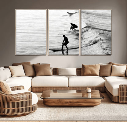 19875284-MGV-CV-36X24-Surfer Waves Wall Art Canvas Print, Framed Black White Surf Art Picture Print, Monochrome Ocean Perfect Modern Coastal Decor