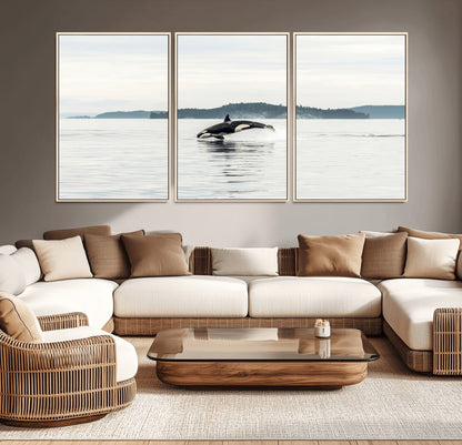 10157174-MGV-CV-36X24-Orca Whale Wall Art Canvas Print, Framed Black White Whale Art Picture Print, Minimalist Ocean Perfect Coastal Minimalist Decor