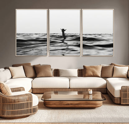 69541918-MGV-CV-36X24-Black White Ocean Wall Art Canvas Print, Framed Moody Seascape Art Picture Print, Surfer Sign Perfect Moody Minimalist Decor