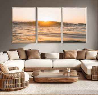 16973771-MGV-CV-36X24-Calm Water Wall Art Canvas Print, Framed Sunset Waves Art Picture Print, Coastal Warmth Perfect Warm Minimalist Decor Artwork