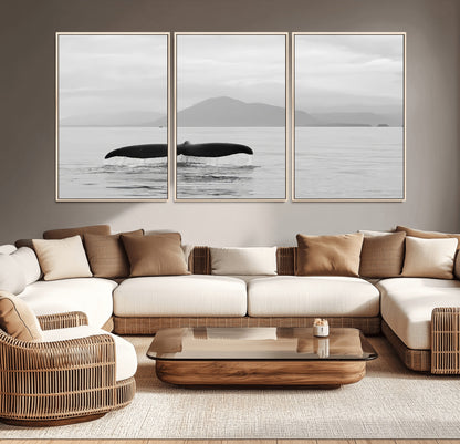 30524220-MGV-CV-36X24-Whale Tail Wall Art Canvas Print, Framed Black White Ocean Art Picture Print, Calm Marine Perfect Minimalist Coastal Decor Artwork