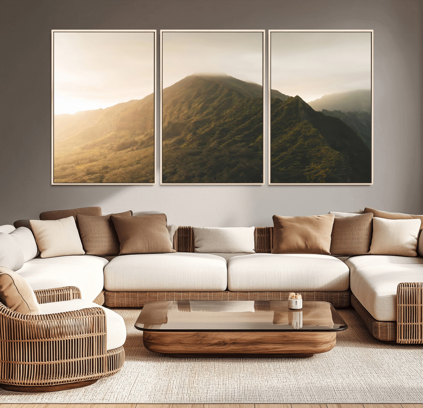 42338636-MGV-CV-36X24-Golden Mountain Wall Art Canvas Print, Framed Misty Summit Art Picture Print, Rugged Landscape Perfect Moody Wilderness Decor