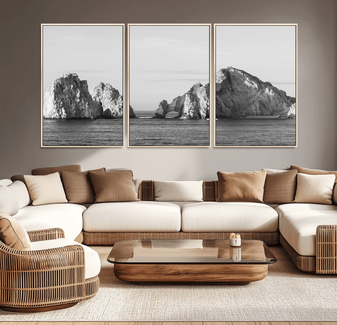 18810731-MGV-CV-36X24-Rugged Coastline Wall Art Canvas Print, Framed Ocean Cliffs Art Picture Print, Monochrome Seascape Perfect Coastal Minimalist