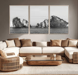 18810731-MGV-CV-36X24-Rugged Coastline Wall Art Canvas Print, Framed Ocean Cliffs Art Picture Print, Monochrome Seascape Perfect Coastal Minimalist