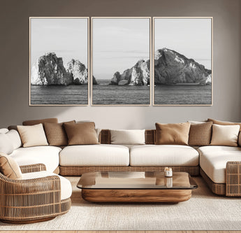 18810731-MGV-CV-36X24-Rugged Coastline Wall Art Canvas Print, Framed Ocean Cliffs Art Picture Print, Monochrome Seascape Perfect Coastal Minimalist