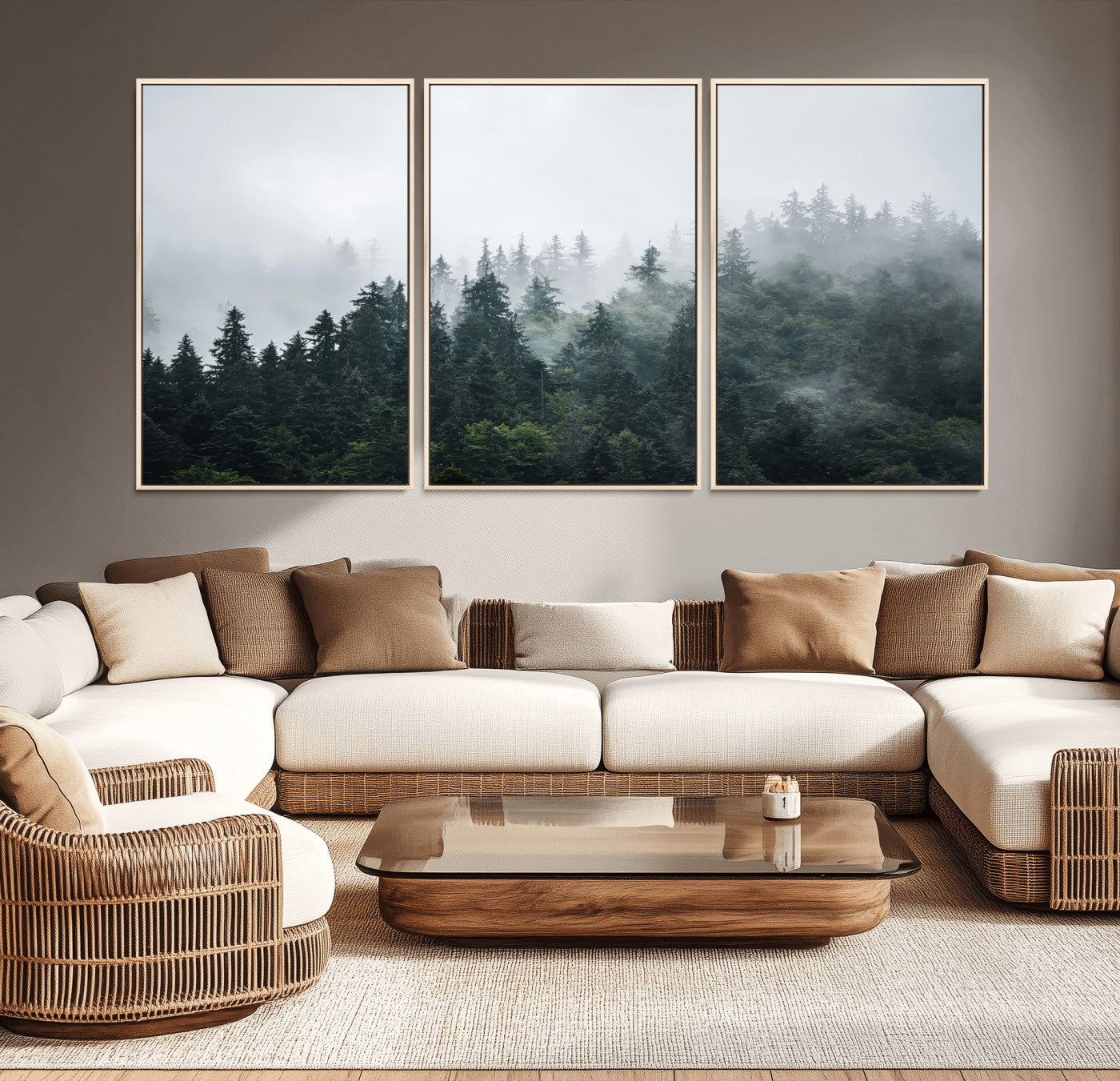 84146572-MGV-CV-36X24-Foggy Pine Trees Wall Art Canvas Print, Framed Forest Nature Art Picture Print, Evergreen Forest Perfect Scandinavian Minimalist