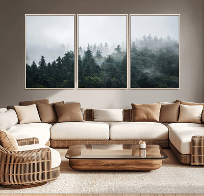84146572-MGV-CV-36X24-Foggy Pine Trees Wall Art Canvas Print, Framed Forest Nature Art Picture Print, Evergreen Forest Perfect Scandinavian Minimalist