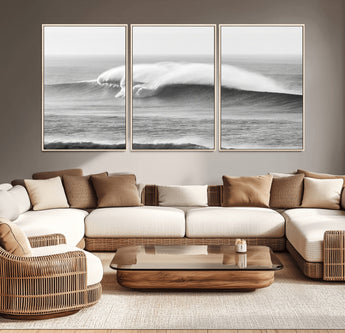 42544082-MGV-FC-60X30-3P_Natural-Monochrome Seascape Wall Art Canvas Print, Framed Surf Wave Art Picture Print, Minimalist Ocean Perfect Moody Coastal Decor