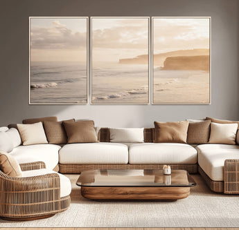 57669769-MGV-CV-36X24-Misty Coastal Wall Art Canvas Print, Framed Golden Sunset Art Picture Print, Serene Shoreline Perfect Tranquil Coastal Decor