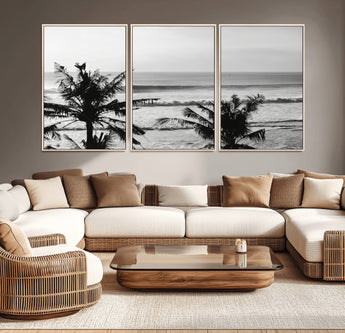 17508038-MGV-CV-36X24-Tropical Coastline Wall Art Canvas Print, Framed Palm Trees Art Picture Print, Ocean Waves Perfect Minimalist Coastal Decor