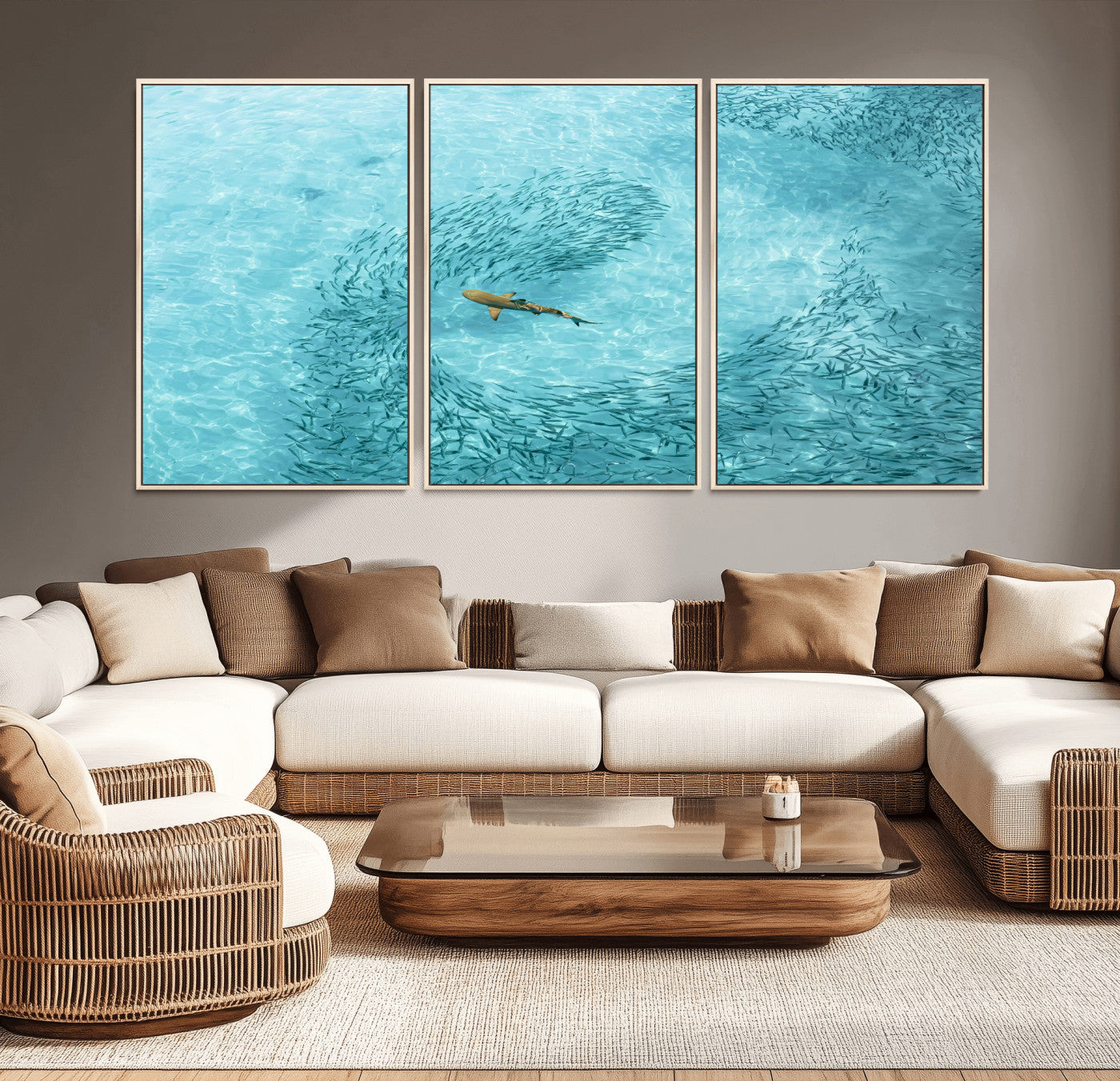 43671474-MGV-CV-36X24-Fish Swarm Wall Art Canvas Print, Framed Marine Life Art Picture Print, Shark Aerial Perfect Wildlife Coastal Decor Artwork