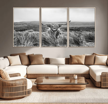 24051061-MGV-CV-36X24-Monochrome Highland Cow Wall Art Canvas Print, Framed Scottish Bull Art Picture Print, Lone Cattle Perfect Rustic Farmhouse Decor
