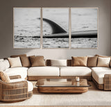62314230-MGV-CV-36X24-Black White Surfboard Wall Art Canvas Print, Framed Minimalist Beach Art Picture Print, Surf Fin Perfect Minimalist Coastal Decor