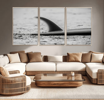 62314230-MGV-CV-36X24-Black White Surfboard Wall Art Canvas Print, Framed Minimalist Beach Art Picture Print, Surf Fin Perfect Minimalist Coastal Decor