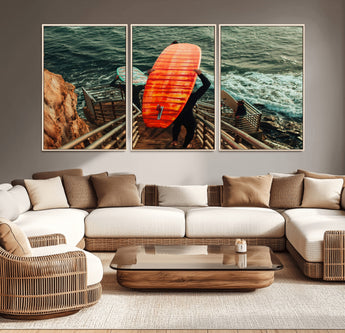 84555848-MGV-CV-36X24-Surfer Stairway Wall Art Canvas Print, Framed Ocean Surf Art Picture Print, Sunset Coastal Perfect Coastal Adventure Decor Artwork