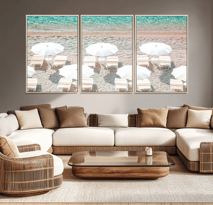 83736167-MGV-CV-36X24-Calm Beach Wall Art Canvas Print, Framed Turquoise Water Art Picture Print, Umbrella Shoreline Perfect Coastal Minimalist Decor